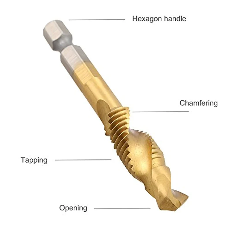 JTENG 6 Pezzi Punte Trapano, Maschi Countersink Tap Drill Bit HSS Imposta Combinazione Attacco Filettare e Svasare l’imboccatura Innesto Esagonale Standard Titanio Tap Trapano， M3/4/5/6/8/10