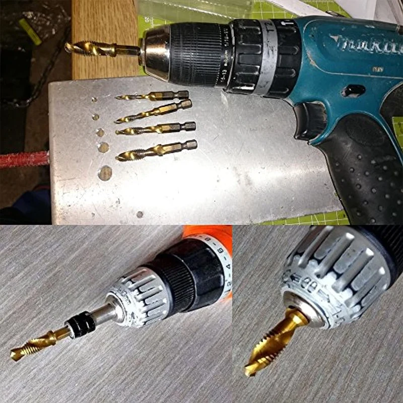 JTENG 6 Pezzi Punte Trapano, Maschi Countersink Tap Drill Bit HSS Imposta Combinazione Attacco Filettare e Svasare l’imboccatura Innesto Esagonale Standard Titanio Tap Trapano， M3/4/5/6/8/10