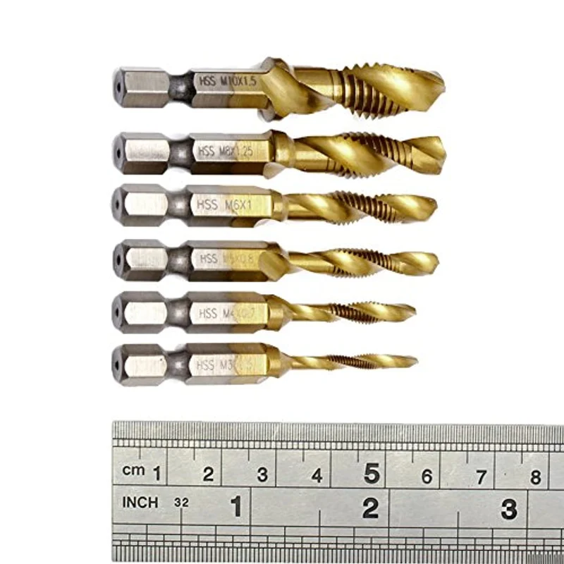 JTENG 6 Pezzi Punte Trapano, Maschi Countersink Tap Drill Bit HSS Imposta Combinazione Attacco Filettare e Svasare l’imboccatura Innesto Esagonale Standard Titanio Tap Trapano， M3/4/5/6/8/10