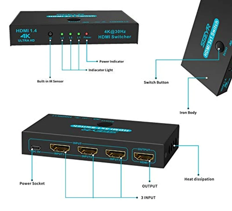 Switch HDMI SGEYR interruttore hdmi 3 in 1out con telecomando a infrarossiscatola Commutatore HDMI 1.4 HDCP 1.4 supporto 4K @ 30Hz Ultra HD 3D 2160P 1080P