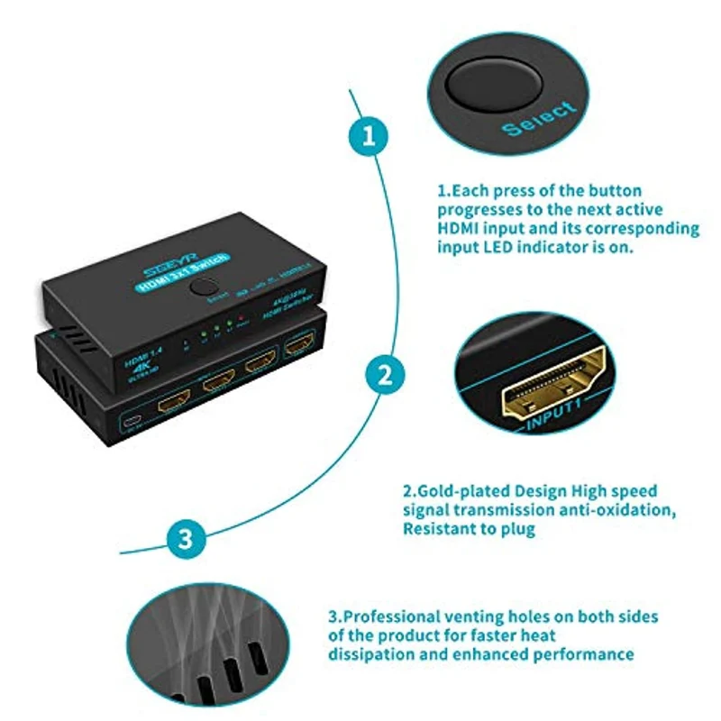 Switch HDMI SGEYR interruttore hdmi 3 in 1out con telecomando a infrarossiscatola Commutatore HDMI 1.4 HDCP 1.4 supporto 4K @ 30Hz Ultra HD 3D 2160P 1080P
