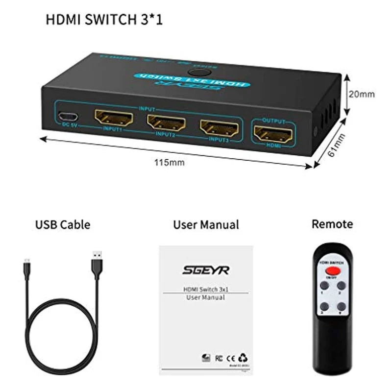 Switch HDMI SGEYR interruttore hdmi 3 in 1out con telecomando a infrarossiscatola Commutatore HDMI 1.4 HDCP 1.4 supporto 4K @ 30Hz Ultra HD 3D 2160P 1080P