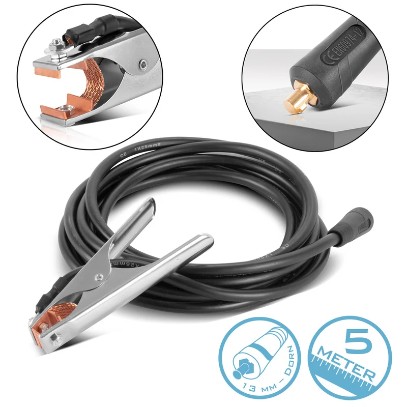 STAHLWERK Massezange bis 300 A Masseklemme | Erdungsklemme inklusive 5 m Schweißkabel | Massekabel mit 25 mm² und 13 mm Stecker