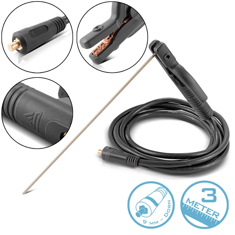 STAHLWERK MMA | ARC Elektrodenhalter bis 200 A Schweißzange | Elektrodenzange | Elektrodenklemme für Schweißgeräte inklusive 3 m Schweißkabel mit 25 mm² und 9 mm Stecker
