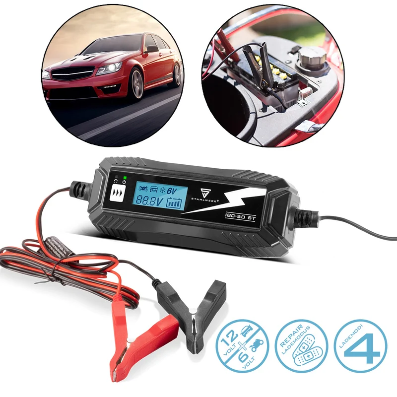 STAHLWERK Batterieladegerät IBC-50 ST mit Mikroprozessor und 4 Lademodi für 6V/12V AGM, VRLA, MF, SLA und GEL-Batterien | Intelligentes Ladegerät für Auto und Motorrad