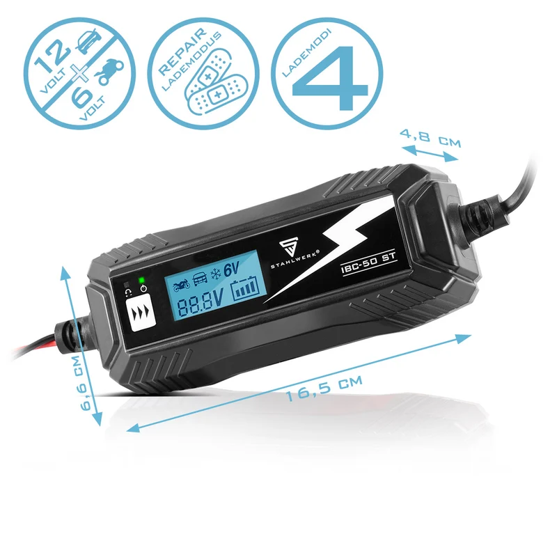 STAHLWERK Batterieladegerät IBC-50 ST mit Mikroprozessor und 4 Lademodi für 6V/12V AGM, VRLA, MF, SLA und GEL-Batterien | Intelligentes Ladegerät für Auto und Motorrad