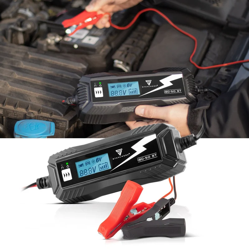 STAHLWERK Batterieladegerät IBC-50 ST mit Mikroprozessor und 4 Lademodi für 6V/12V AGM, VRLA, MF, SLA und GEL-Batterien | Intelligentes Ladegerät für Auto und Motorrad