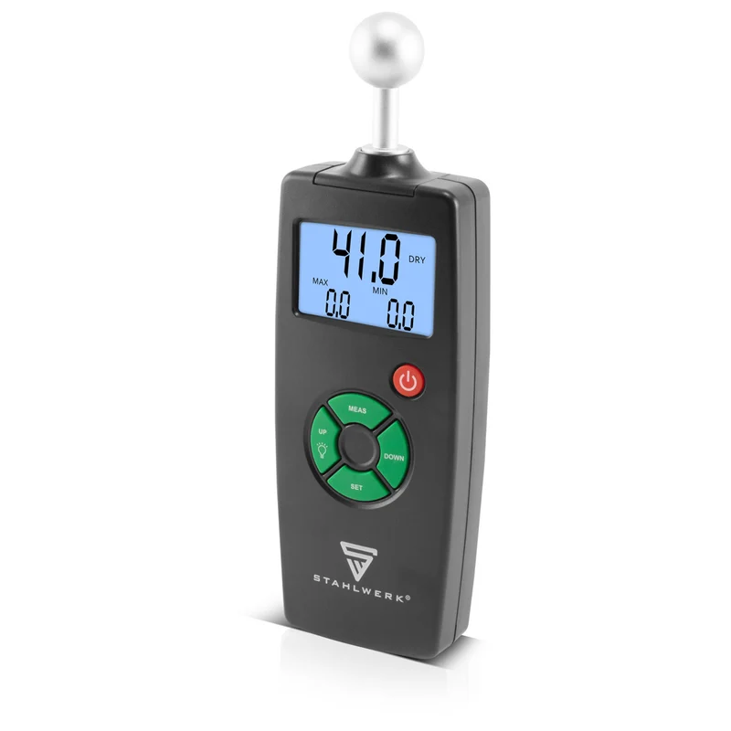 STAHLWERK FM-100 ST Profi Feuchtigkeitsmessgerät mit 40 mm Messtiefe und Kugelkopf, präziser Feuchtigkeitsmesser / Feuchtemesser für Wände, Holz, Putz, Gips und Zement