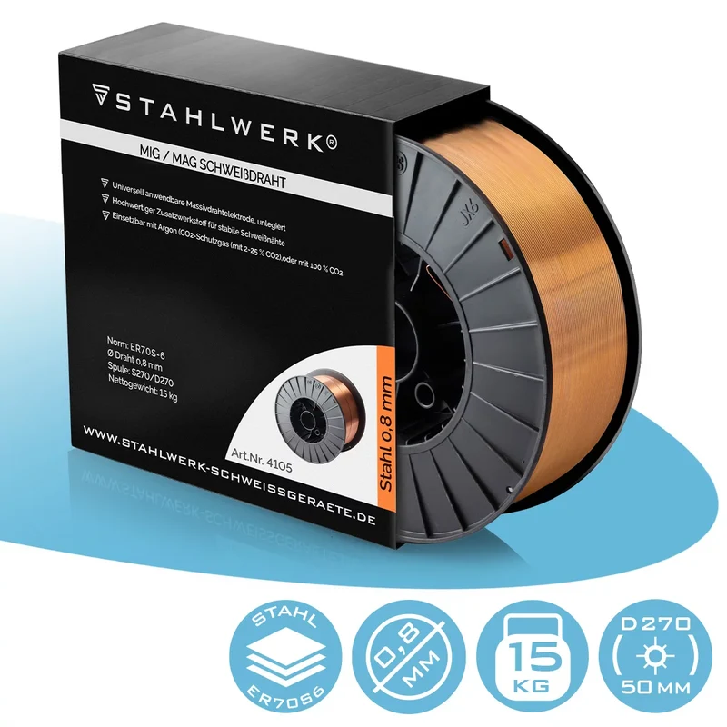 STAHLWERK MIG MAG Premium Schweißdraht / Drahtrolle ER70S-6 SG2 0,8 mm S270/D270 15 kg für Schweißarbeiten mit Schutzgas