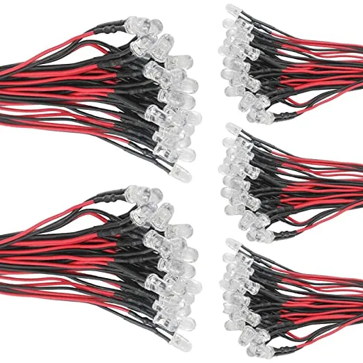 20 pieces 5mm LEDs with 20cm cable DC 12V ready wired + 5mm LED assembly rings