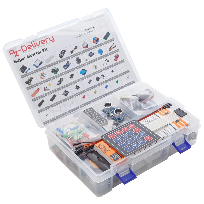 Electronics Super Starter Kit microcontroller board, power supply module, servo, step and direct current motors sensor kit compatible with arduino