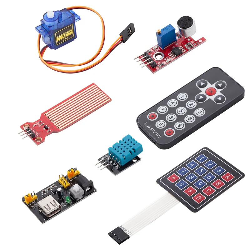 Electronics Super Starter Kit microcontroller board, power supply module, servo, step and direct current motors sensor kit compatible with arduino