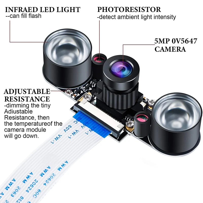 Raspberry Pi Camera Night Vision Infrared Camera Module 5MP OV5647 Webcam Adjustable Camera Video 1080p for Raspberry Pi Model 2B 2B + 3B 3B + 4B