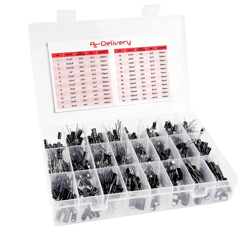 Elko range electrolytic capacitor aluminum 24 variants, 500 pieces 0.1uf - 1000UF with storage box compatible with Arduino
