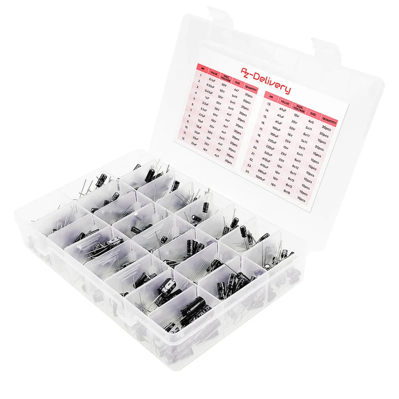Elko range electrolytic capacitor aluminum 24 variants, 500 pieces 0.1uf - 1000UF with storage box compatible with Arduino