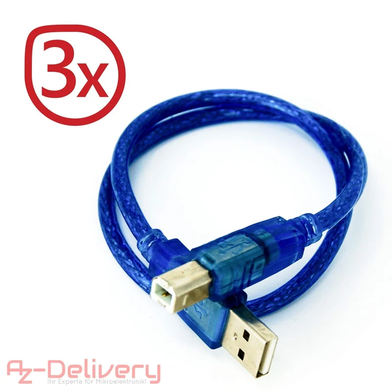 Blue USB-B to USB-A cable compatible with UNO R3 and Mega 2560 and any Arduino development boards and microcontrollers