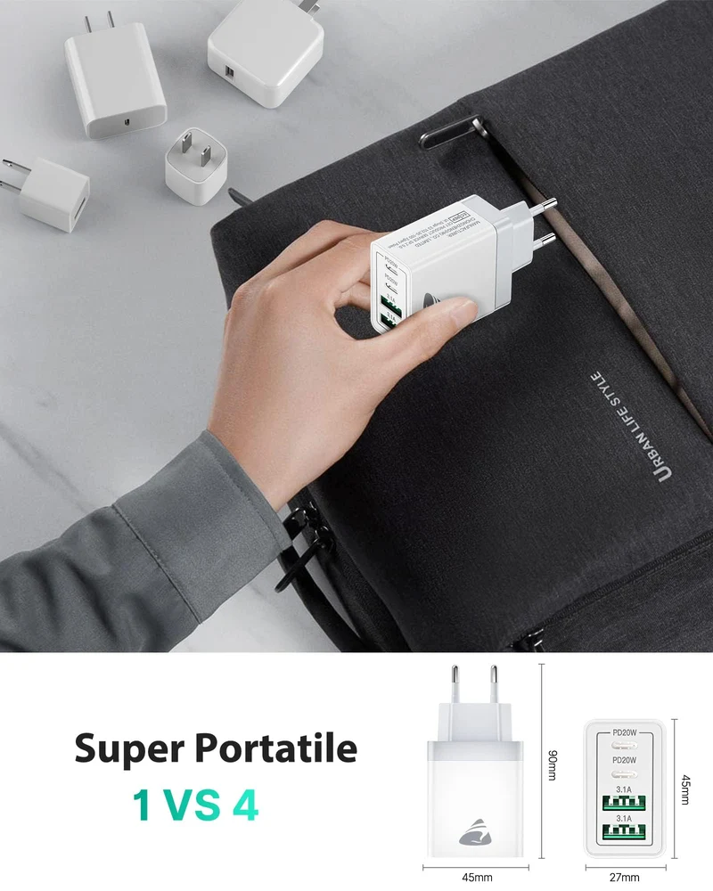 Caricatore USB C Rapido 40W 4Porto Presa USB Caricatore Multipla PD & QC3.0 Carica Cellulare, Spina Alimentatore Caricabatterie per Samsung S22 S23 S24 iPhone 15 16 14, Spinotto Muro Adattatore