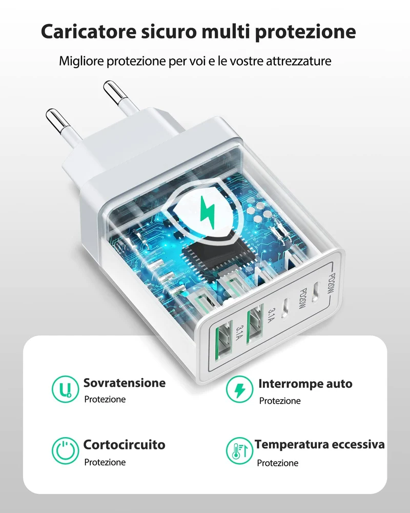 Caricatore USB C Rapido 40W 4Porto Presa USB Caricatore Multipla PD & QC3.0 Carica Cellulare, Spina Alimentatore Caricabatterie per Samsung S22 S23 S24 iPhone 15 16 14, Spinotto Muro Adattatore