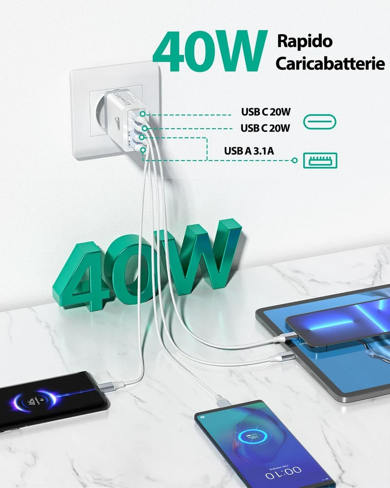Caricatore USB C Rapido 40W 4Porto Presa USB Caricatore Multipla PD & QC3.0 Carica Cellulare, Spina Alimentatore Caricabatterie per Samsung S22 S23 S24 iPhone 15 16 14, Spinotto Muro Adattatore