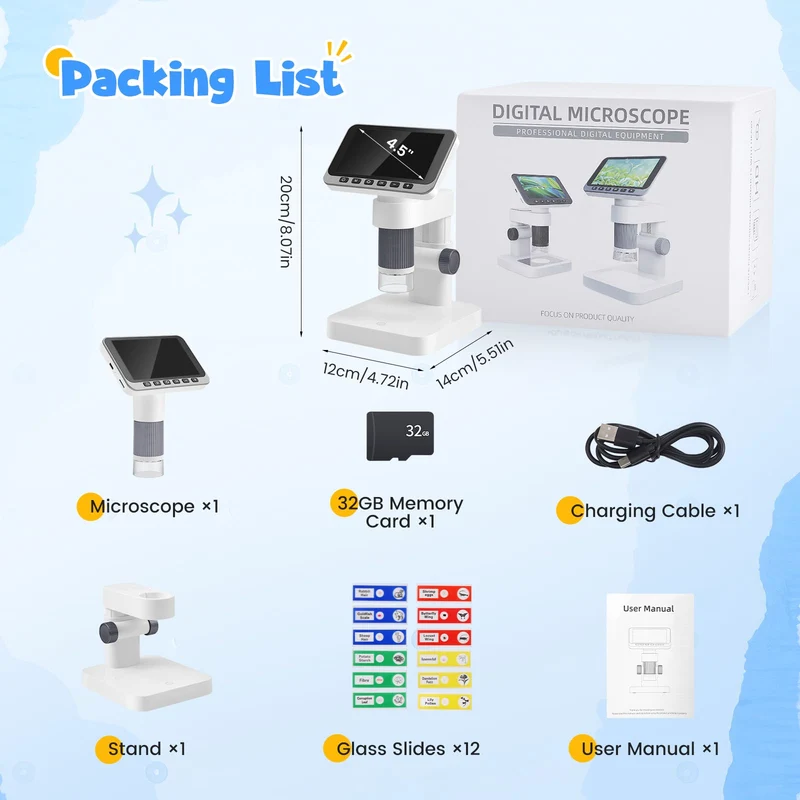 Microscopio digitale 4,5" IPS, 5-1000X Microscopio Elettronico Portatile USB con 8 luci LED Regolabili Scheda di memoria da 32 GB per bambini adulti