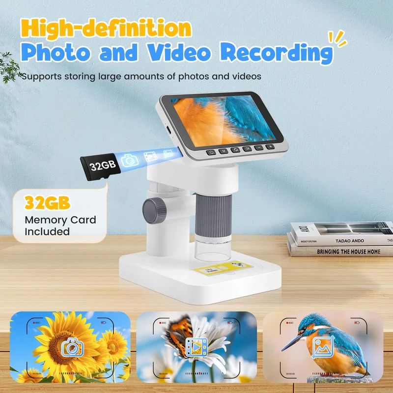 Microscopio digitale 4,5" IPS, 5-1000X Microscopio Elettronico Portatile USB con 8 luci LED Regolabili Scheda di memoria da 32 GB per bambini adulti