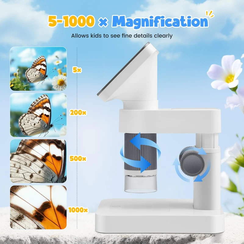 Microscopio digitale 4,5" IPS, 5-1000X Microscopio Elettronico Portatile USB con 8 luci LED Regolabili Scheda di memoria da 32 GB per bambini adulti