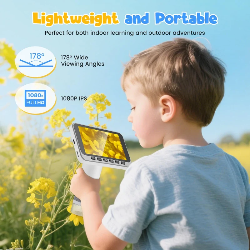 Microscopio digitale 4,5" IPS, 5-1000X Microscopio Elettronico Portatile USB con 8 luci LED Regolabili Scheda di memoria da 32 GB per bambini adulti
