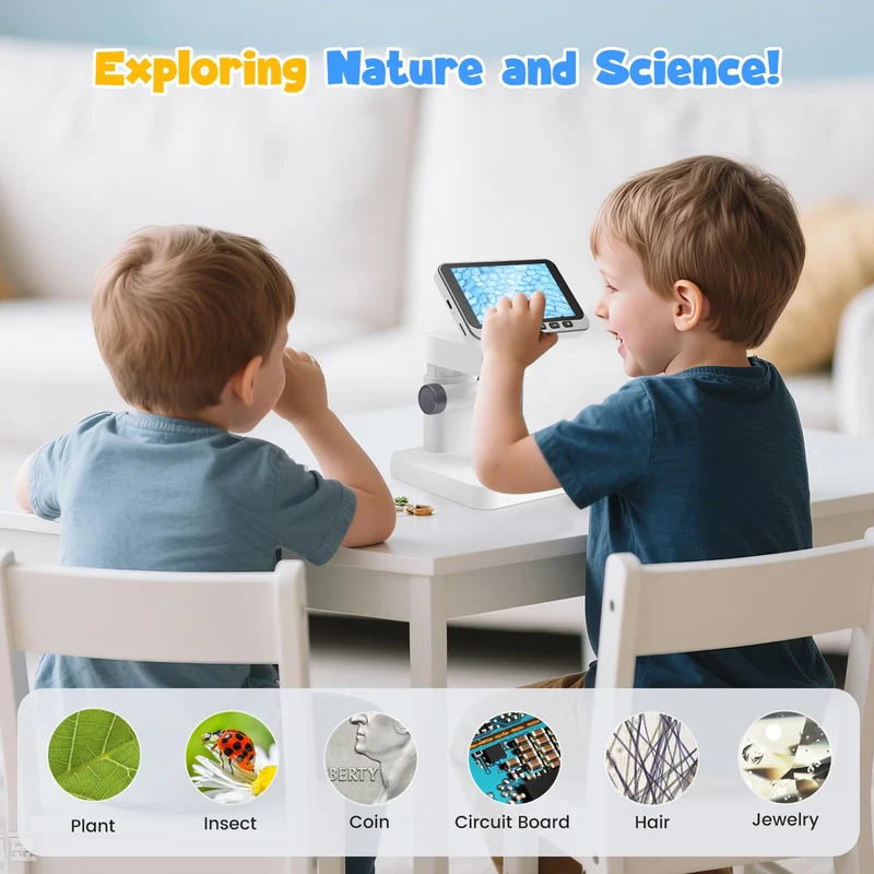 Microscopio digitale 4,5" IPS, 5-1000X Microscopio Elettronico Portatile USB con 8 luci LED Regolabili Scheda di memoria da 32 GB per bambini adulti