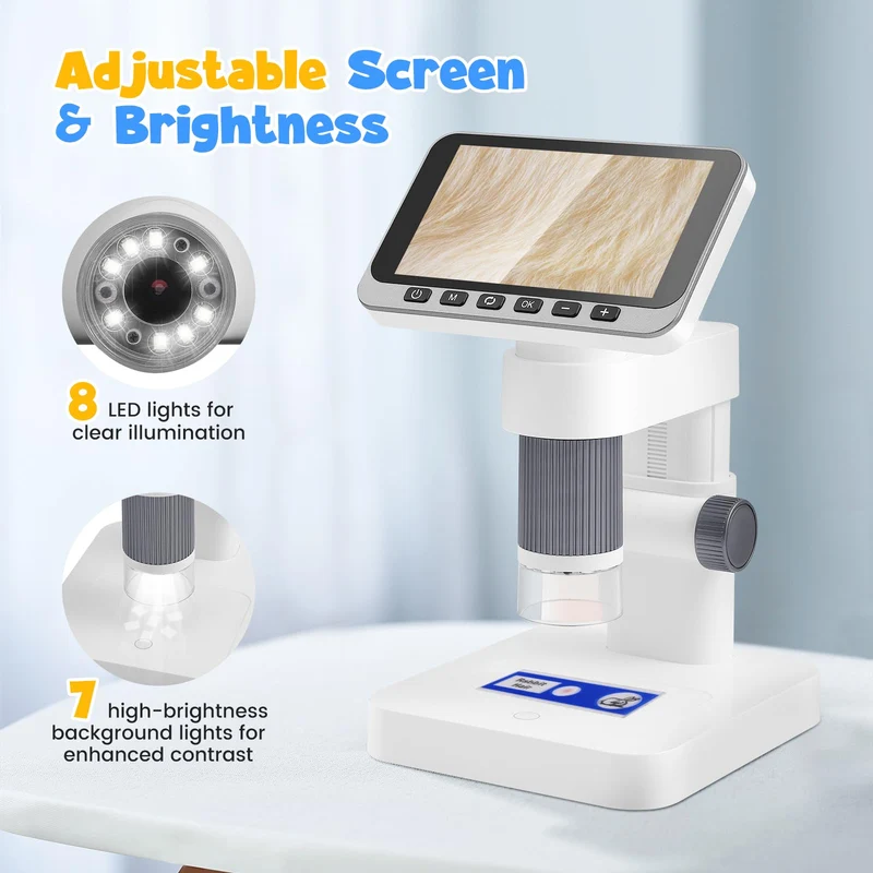 Microscopio digitale 4,5" IPS, 5-1000X Microscopio Elettronico Portatile USB con 8 luci LED Regolabili Scheda di memoria da 32 GB per bambini adulti
