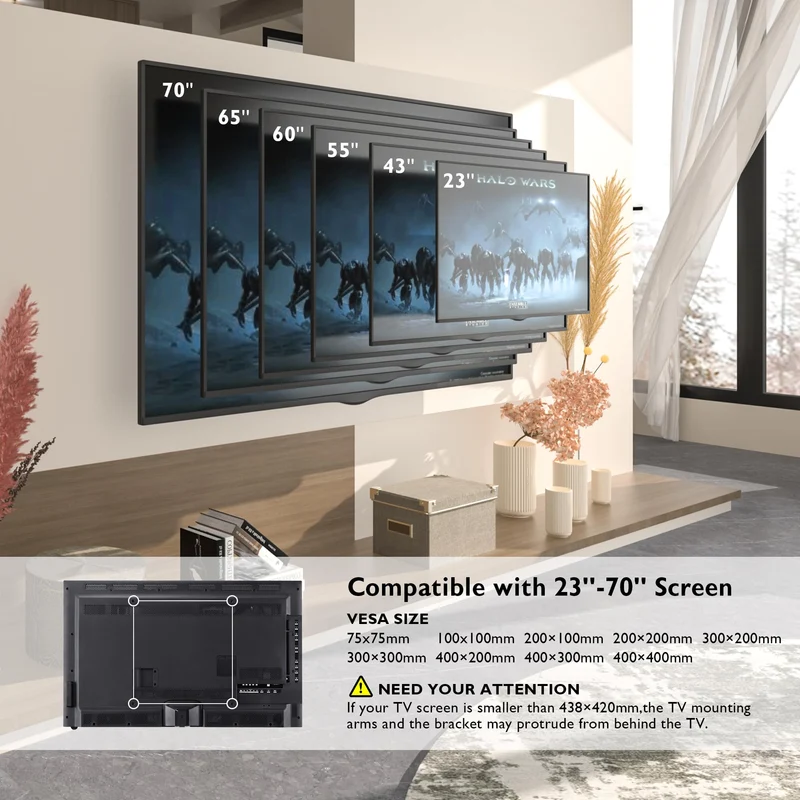 BONTEC Supporto da Parete per TV al Plasma LED LCD Piatti e Curvi 23-70 inch, Inclinazione Girevole Staffa con Doppio Braccio Peso fino a 45kg, Max VESA 400x400mm,con Fascette per Cavi