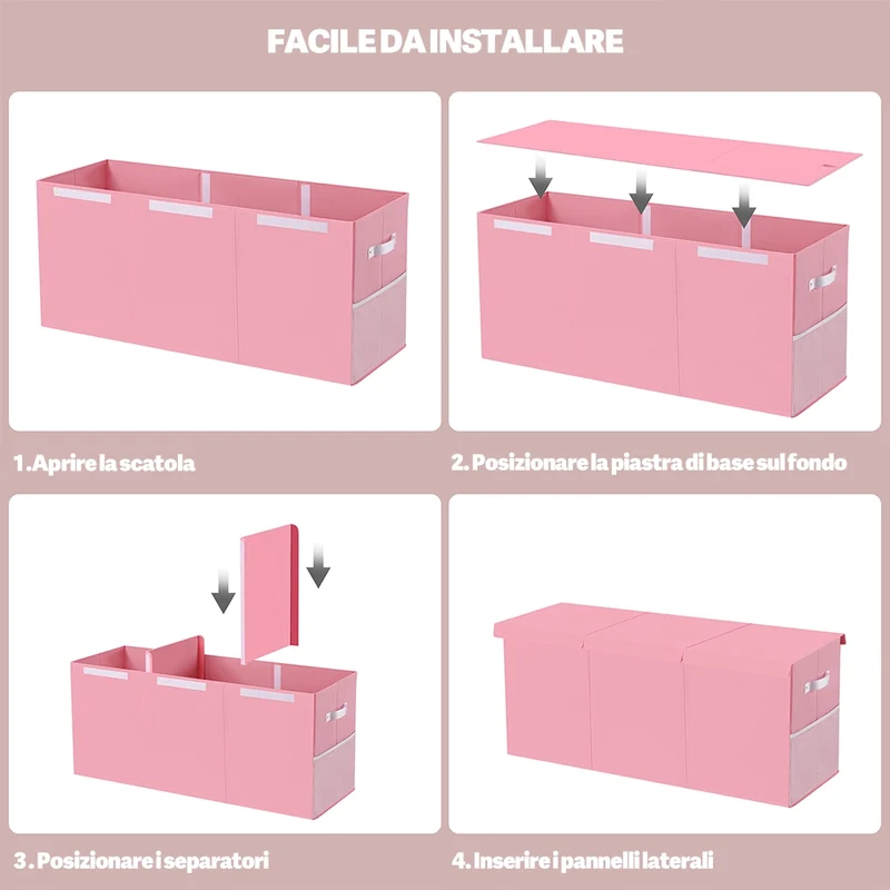 Contenitore Box 3 Scomparti Rosa Scatola Cesta Giocattoli Organizer Multiuso