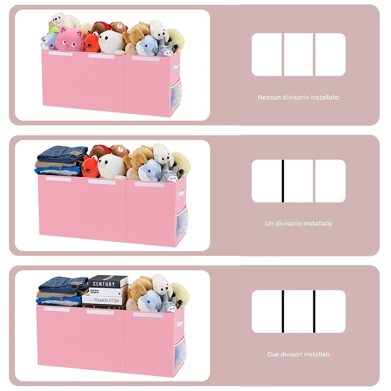 Contenitore Box 3 Scomparti Rosa Scatola Cesta Giocattoli Organizer Multiuso