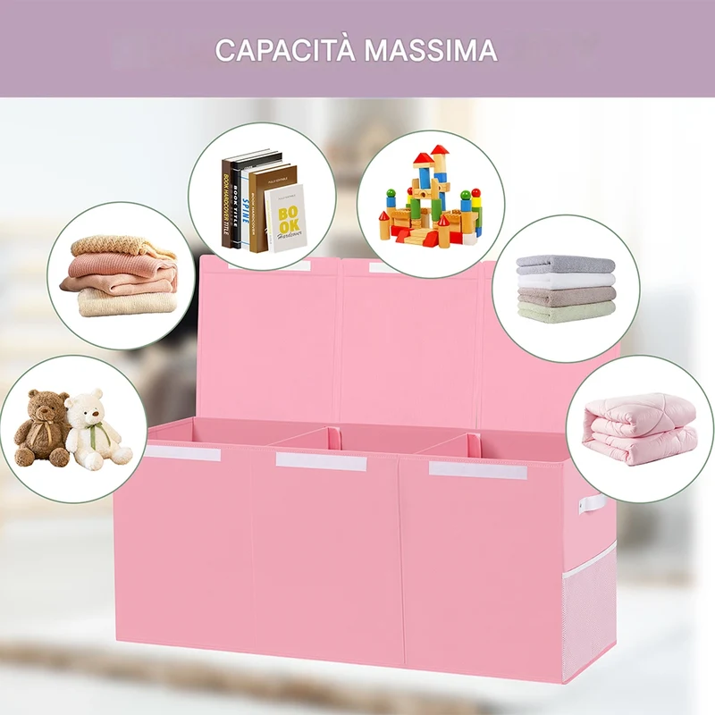 Contenitore Box 3 Scomparti Rosa Scatola Cesta Giocattoli Organizer Multiuso