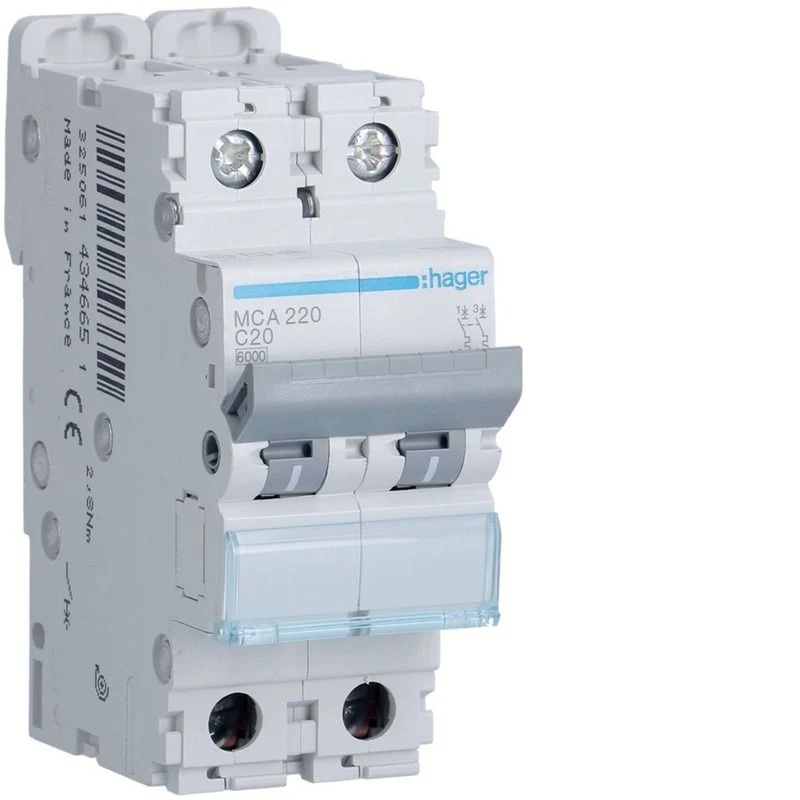 HAGER MCA220 - Interruttore Magnetotermico Automatico 2P 20A 6 KA C 2M
