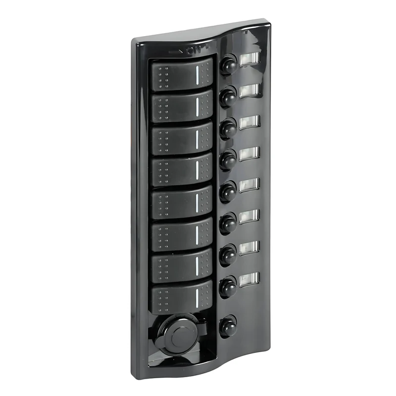 Pannello Elettrico 8 Interruttori + Presa 12V – Grafite Lucido IP65