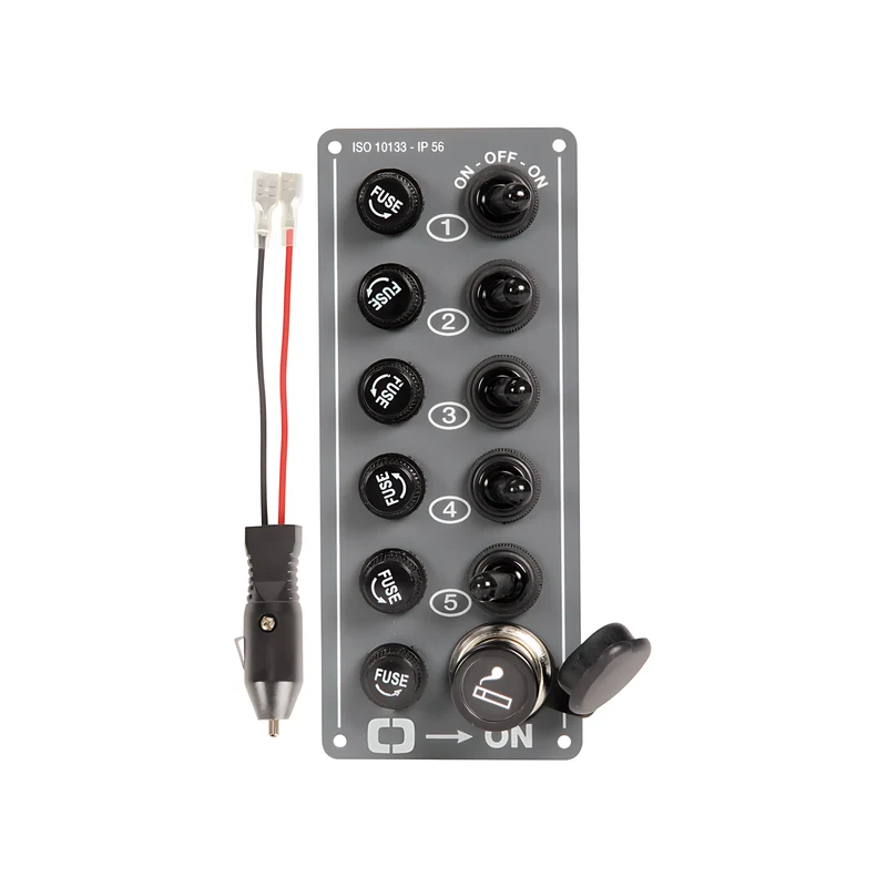 Pannello Elettrico Verticale 5 Interruttori + Presa 12V – Alluminio IP56