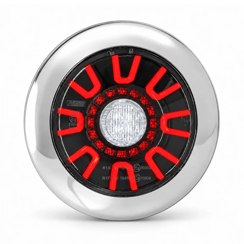 Fristom Dark Round Rear Light with Fog, Tail & Reverse / Chrome Cover