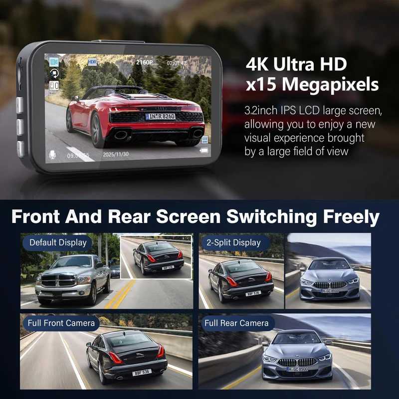 Miden 4K+2.5K Doppia Dashcam,Scheda SD 64G,2160P+1600P UHD Telecamera per Auto,Dash Cam Auto IPS 3.2" con Grandangolo di 336°,G-Sensor,Visione Notturna,WDR,Monitor di Parcheggio,Registrazione in Loop