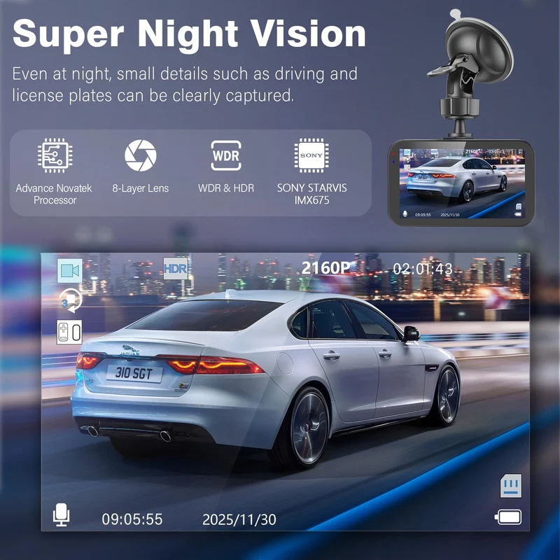 Miden 4K+2.5K Doppia Dashcam,Scheda SD 64G,2160P+1600P UHD Telecamera per Auto,Dash Cam Auto IPS 3.2" con Grandangolo di 336°,G-Sensor,Visione Notturna,WDR,Monitor di Parcheggio,Registrazione in Loop