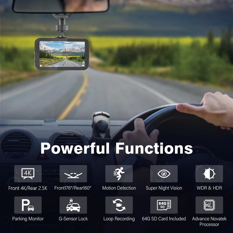 Miden 4K+2.5K Doppia Dashcam,Scheda SD 64G,2160P+1600P UHD Telecamera per Auto,Dash Cam Auto IPS 3.2" con Grandangolo di 336°,G-Sensor,Visione Notturna,WDR,Monitor di Parcheggio,Registrazione in Loop