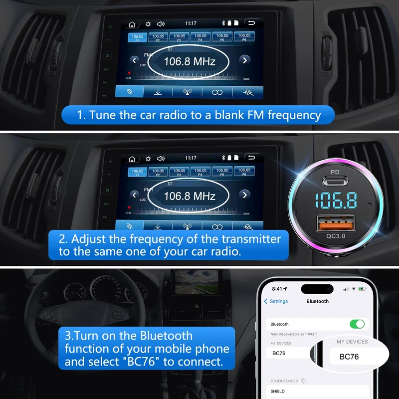 LENCENT Trasmettitore FM Bluetooth 5.3, PD 20W & QC 3.0 18W Ricarica Veloce, Adattatore Bluetooth per Auto, Wireless FM Radio, Cancellazione del Rumore, Chiamate in Vivavoce, Hi-Fi Musica, 7 Luci LED