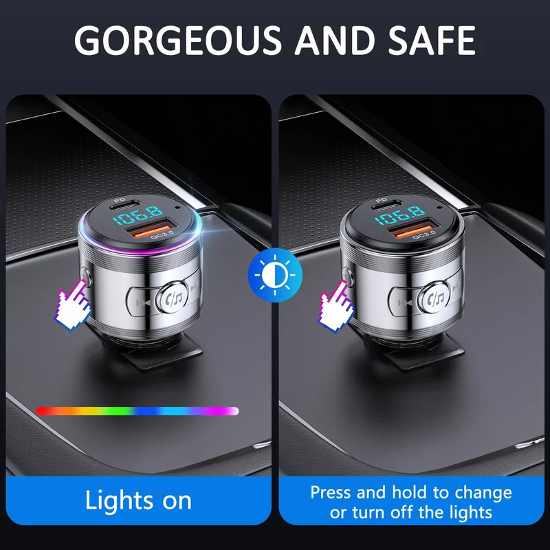 LENCENT Trasmettitore FM Bluetooth 5.3, PD 20W & QC 3.0 18W Ricarica Veloce, Adattatore Bluetooth per Auto, Wireless FM Radio, Cancellazione del Rumore, Chiamate in Vivavoce, Hi-Fi Musica, 7 Luci LED