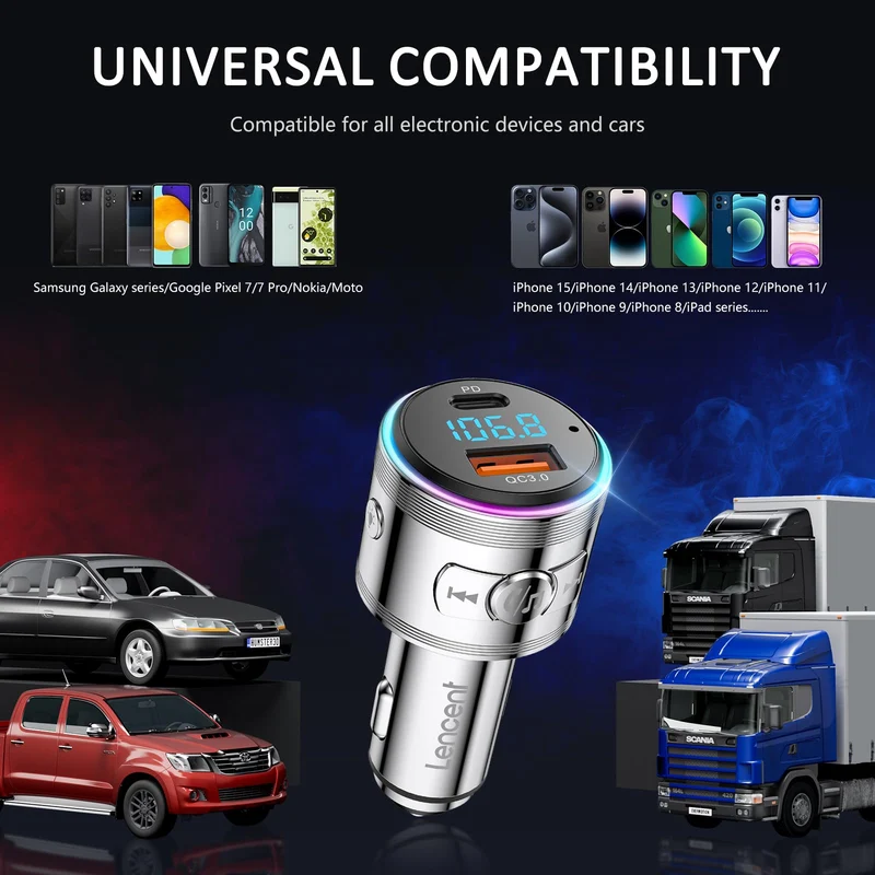 LENCENT Trasmettitore FM Bluetooth 5.3, PD 20W & QC 3.0 18W Ricarica Veloce, Adattatore Bluetooth per Auto, Wireless FM Radio, Cancellazione del Rumore, Chiamate in Vivavoce, Hi-Fi Musica, 7 Luci LED