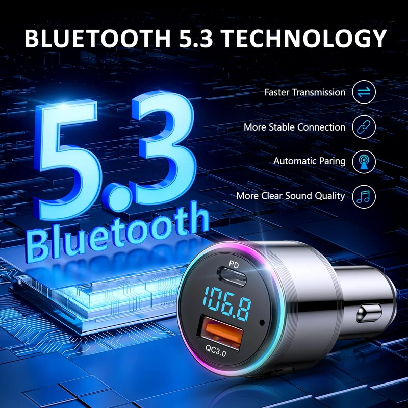 LENCENT Trasmettitore FM Bluetooth 5.3, PD 20W & QC 3.0 18W Ricarica Veloce, Adattatore Bluetooth per Auto, Wireless FM Radio, Cancellazione del Rumore, Chiamate in Vivavoce, Hi-Fi Musica, 7 Luci LED