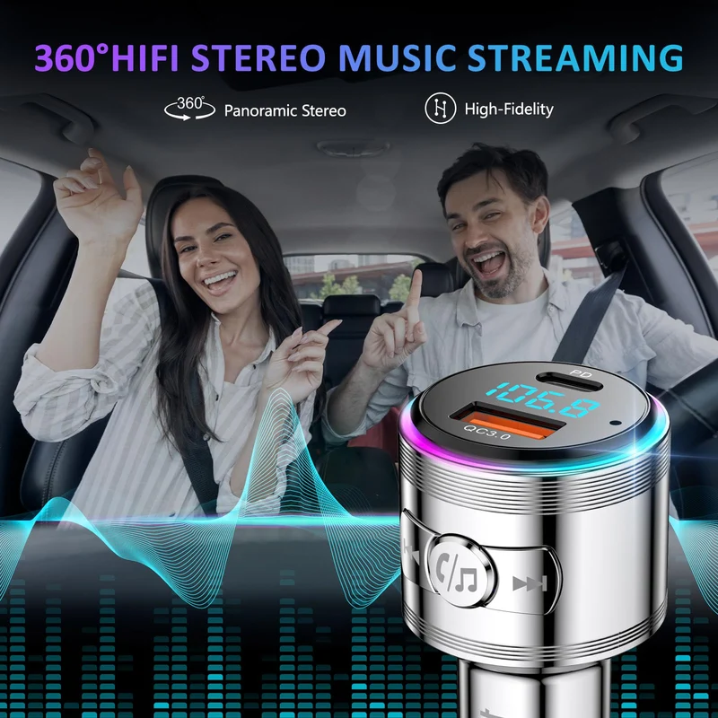 LENCENT Trasmettitore FM Bluetooth 5.3, PD 20W & QC 3.0 18W Ricarica Veloce, Adattatore Bluetooth per Auto, Wireless FM Radio, Cancellazione del Rumore, Chiamate in Vivavoce, Hi-Fi Musica, 7 Luci LED