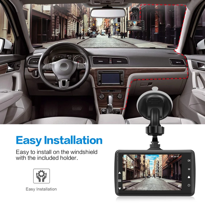 Dash Cam Auto con 32G SD, BOOGIIO 1080P FHD Dash Cam Schermo IPS da 3 Pollici Grandangolo 170° Dashcam con WDR, G-Sensor, Monitoraggio del Parcheggio, Registrazione in Loop, Rilevamento del Movimento