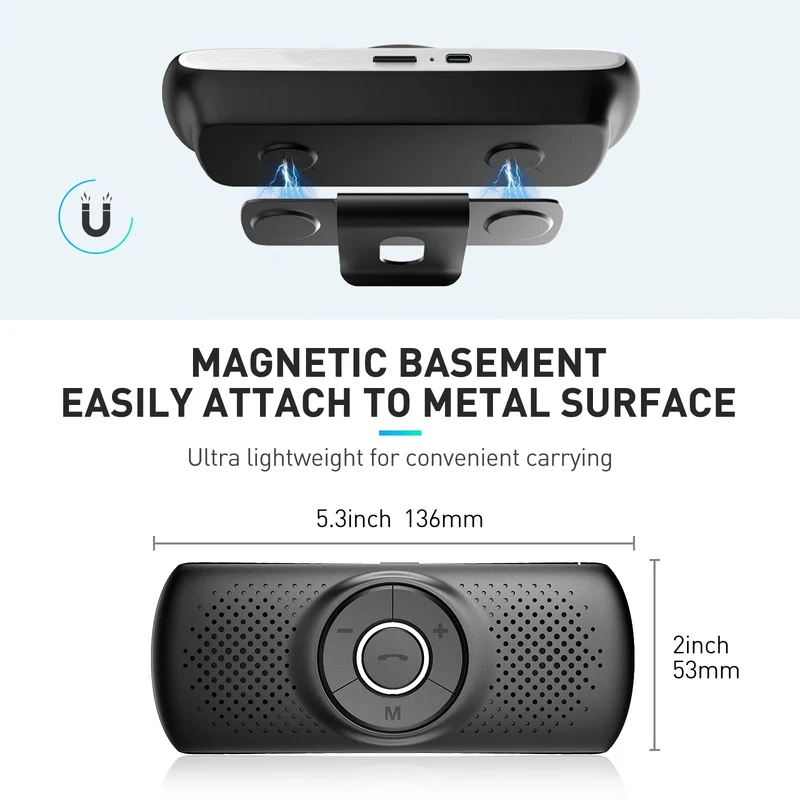 AGPTEK Vivavoce Auto Bluetooth 5.3 con Siri Assistente Comandi Vocali di Google Altoparlante Kit e Scheda TF Supporto per Aletta Parasole Connessione Automatica, Nero