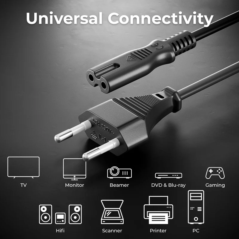 2m Cavo di Alimentazione Elettrico Spina Tipo C Europlug a Presa C7 Cavo Euro per Piccoli Elettrodomestici Euro 8 TV Blu-Ray Alimentatori - Nero