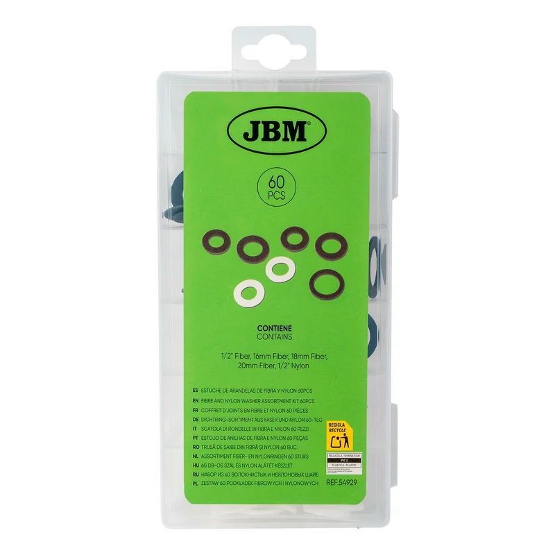 SCATOLA DI RONDELLE IN FIBRA E NYLON 60 PEZZI 54929 JBM
