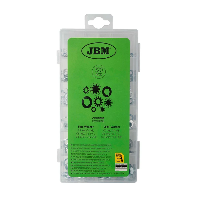 SCATOLA DI RONDELLE GROWER E DENTELLATE 720 PEZZI 54939 JBM